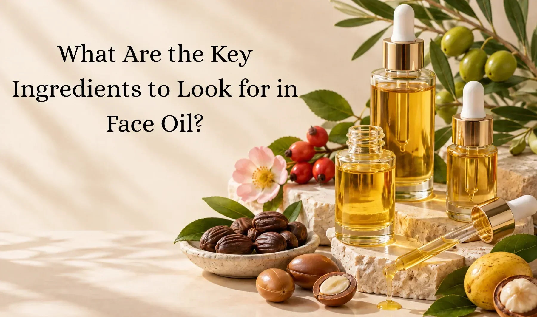 Natural face oil ingredients with golden facial oil bottles, jojoba seeds, botanical extracts, and rosehip berries.