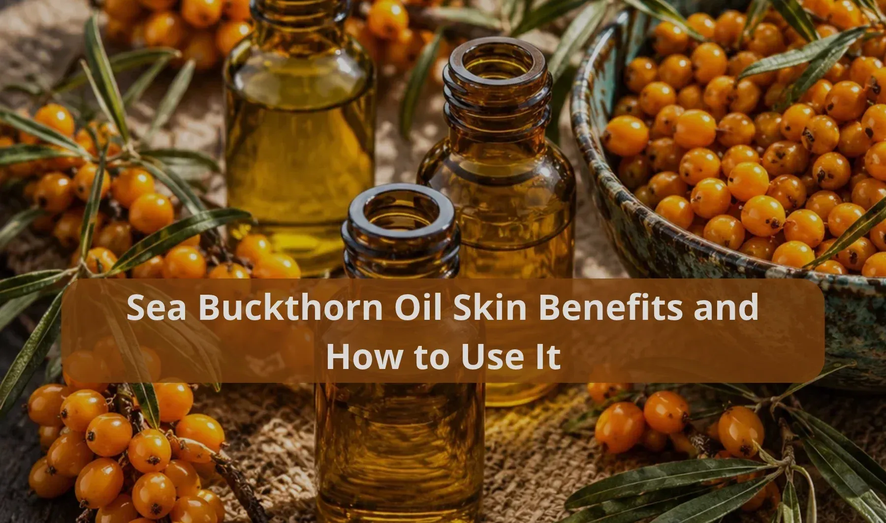 Sea buckthorn oil skin benefits and how to use it, featuring golden facial oils in glass bottles surrounded by fresh orange berries.