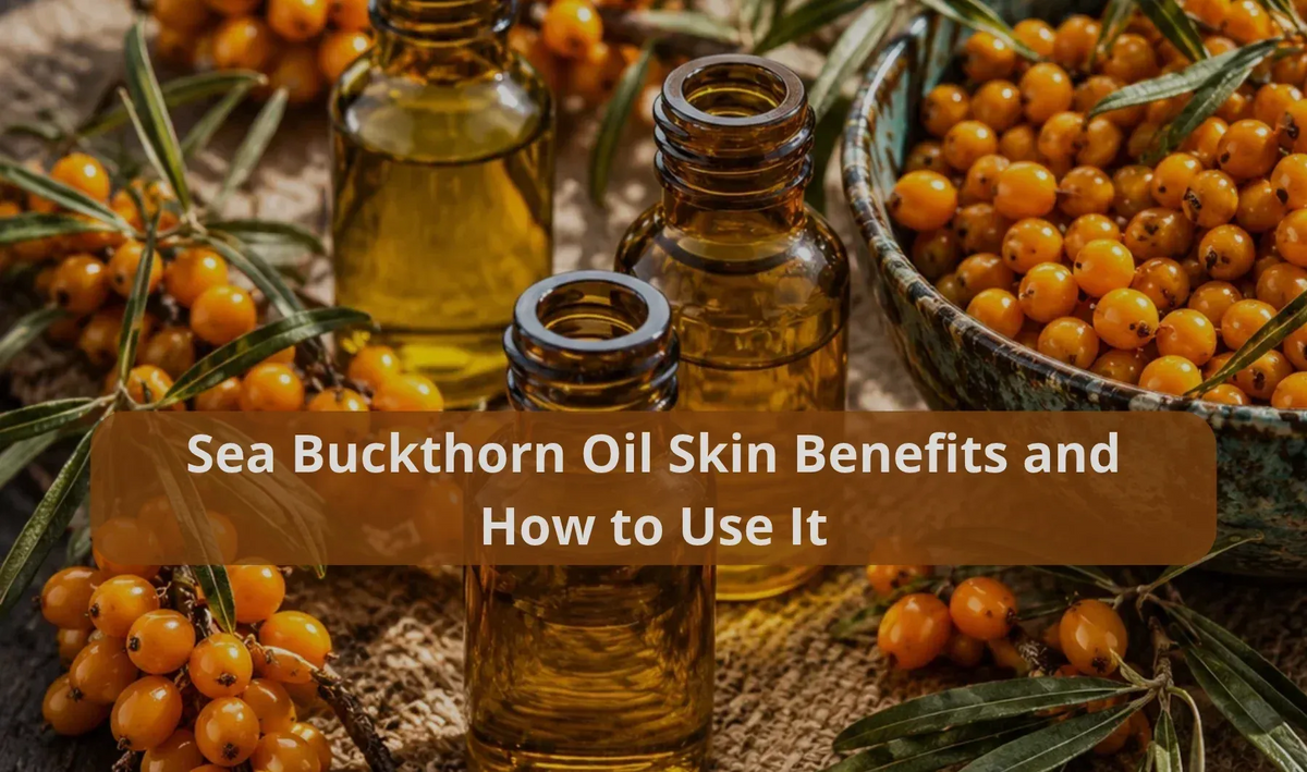 Sea buckthorn oil skin benefits and how to use it, featuring golden facial oils in glass bottles surrounded by fresh orange berries.