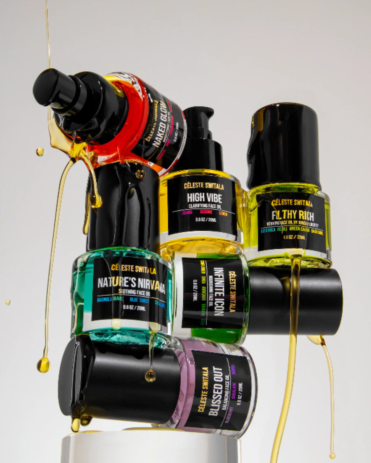Celeste Switala face oil collection with six colourful botanical facial oils stacked together