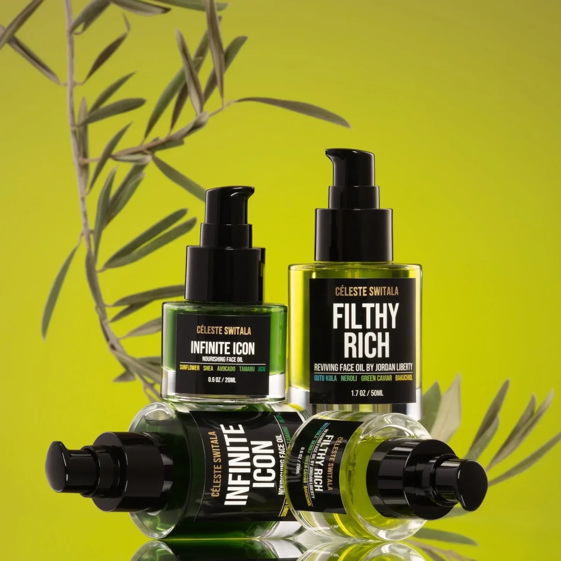 Céleste Switala Filthy Rich and Infinite Icon face, hair and beard grooming oils in 20ml and 50ml sizes