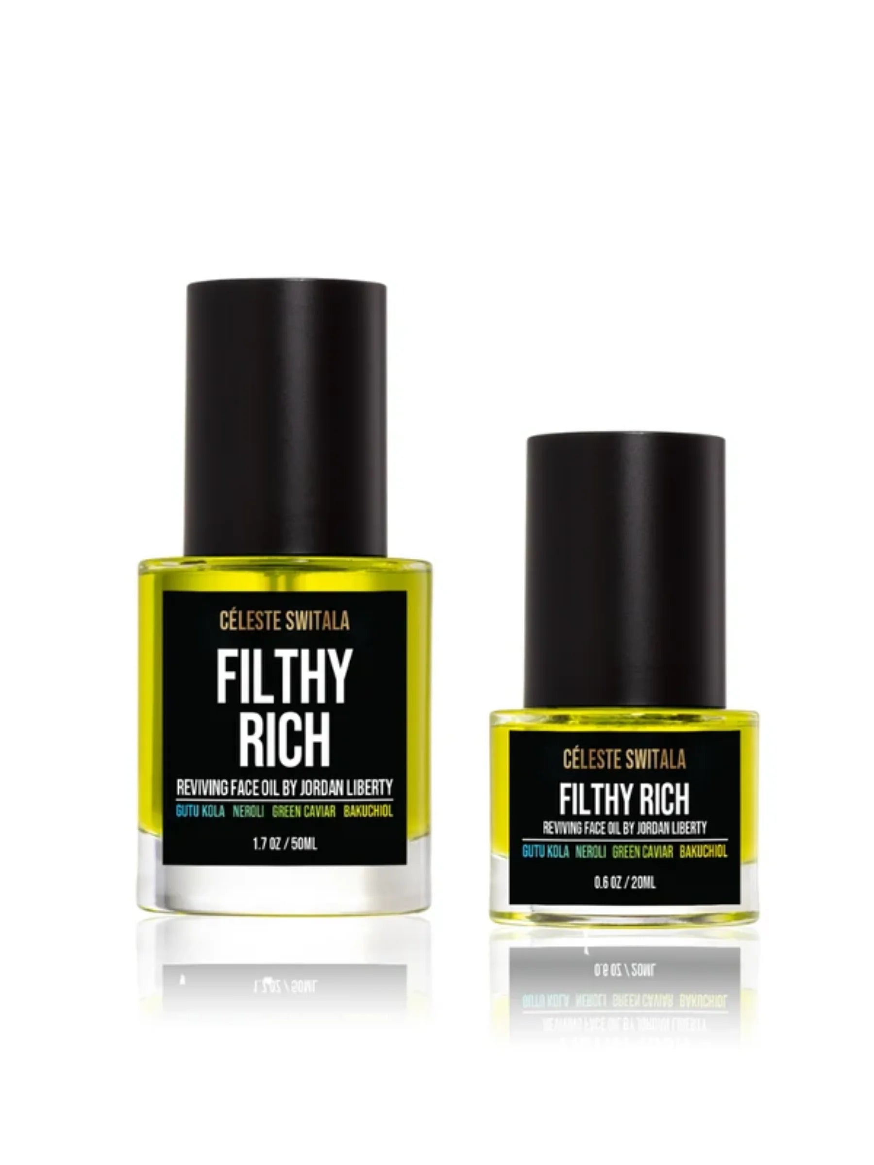 Filthy Rich Reviving Face Oil 50 ml and 20 ml bottles by Céleste Switala