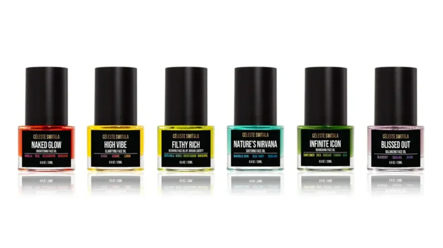 Full collection of six Céleste Switala facial beauty oils including Naked Glow, High Vibe, Filthy Rich, Nature's Nirvana, Infinite Icon and Blissed Out