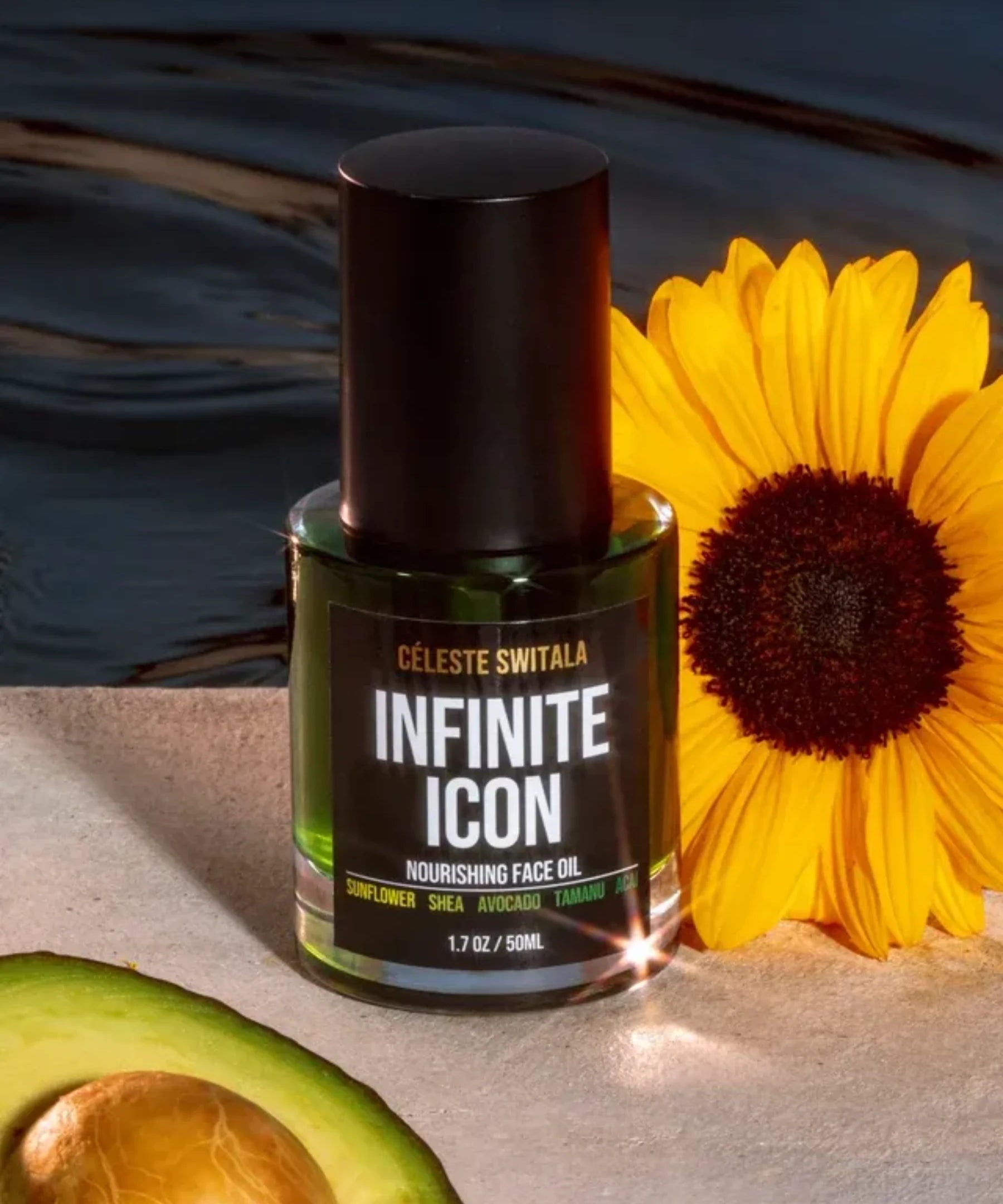 Infinite Icon Nourishing Face Oil displayed with sunflower and avocado botanical ingredients
