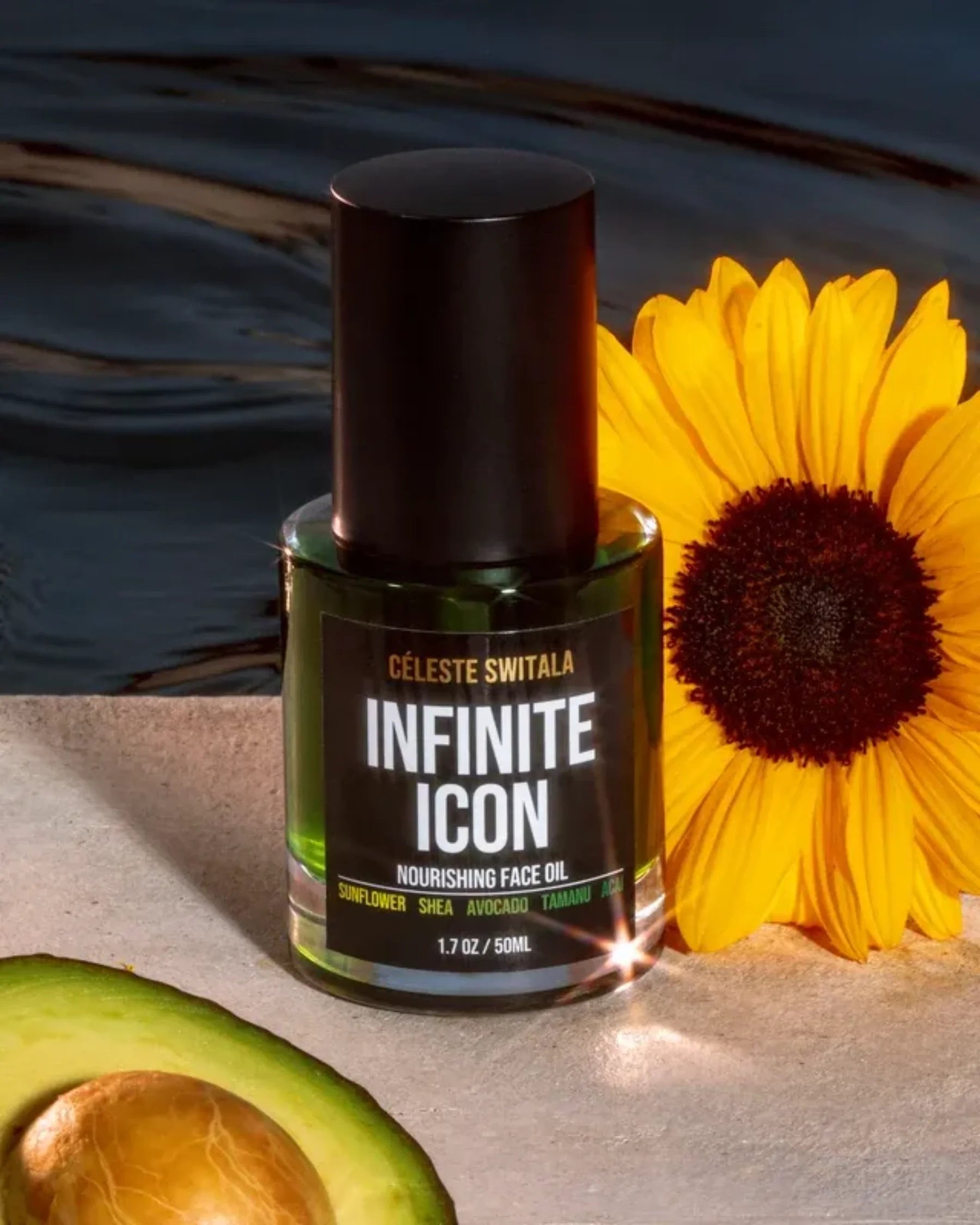 Infinite Icon Nourishing Face Oil displayed with sunflower and avocado botanical ingredients