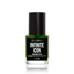 A bottle of Célesté Switala Infinite Icon Nourishing Face Oil in a vibrant green shade, featuring a black cap and a black label with white text, set against a plain white background with a subtle reflection.
