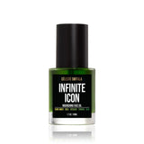 A bottle of Célesté Switala Infinite Icon Nourishing Face Oil in a vibrant green shade, featuring a black cap and a black label with white text, set against a plain white background with a subtle reflection.