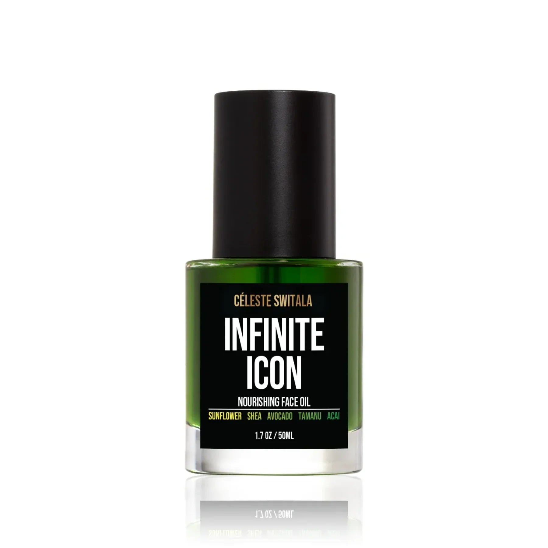 A bottle of Célesté Switala Infinite Icon Nourishing Face Oil in a vibrant green shade, featuring a black cap and a black label with white text, set against a plain white background with a subtle reflection.