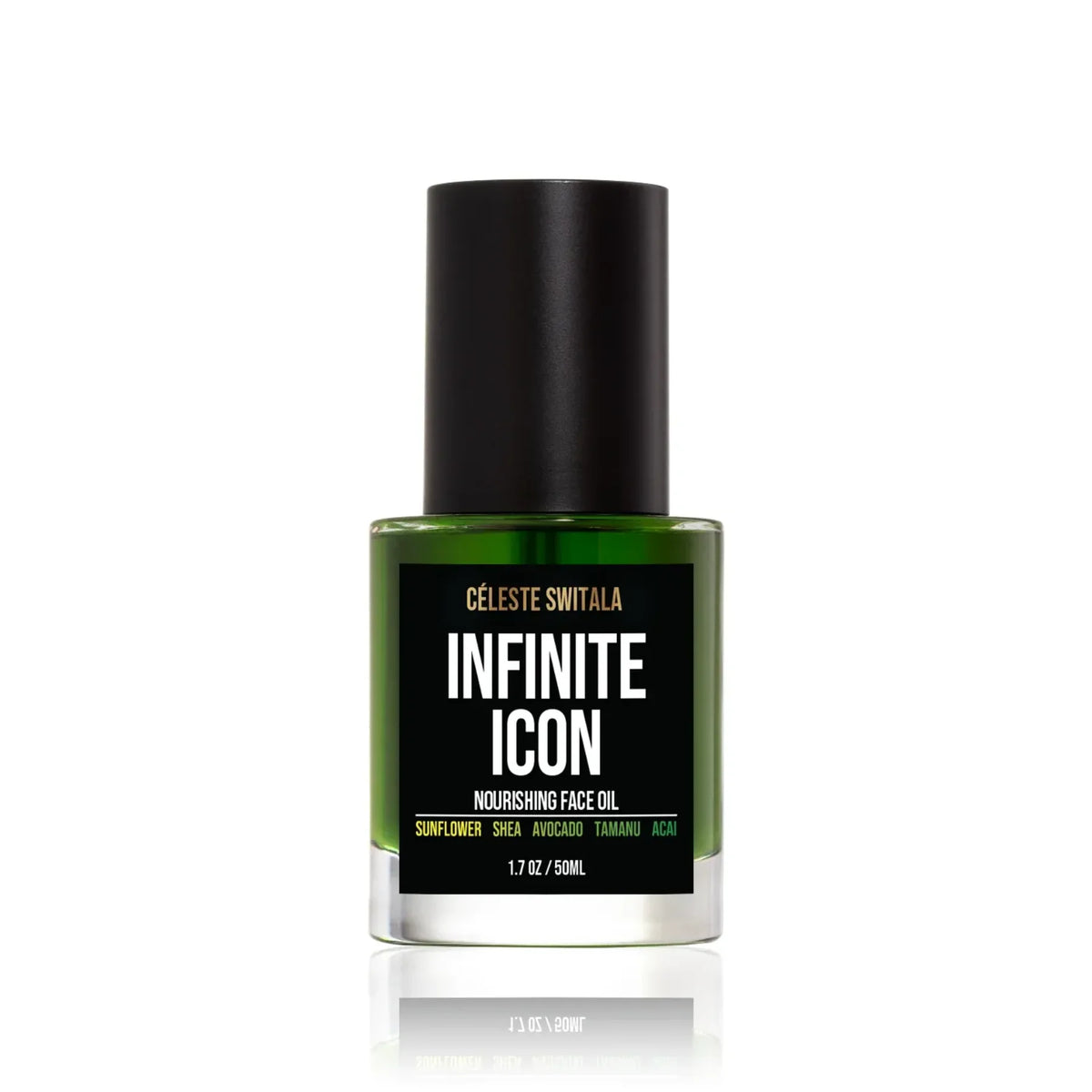 A bottle of Célesté Switala Infinite Icon Nourishing Face Oil in a vibrant green shade, featuring a black cap and a black label with white text, set against a plain white background with a subtle reflection.