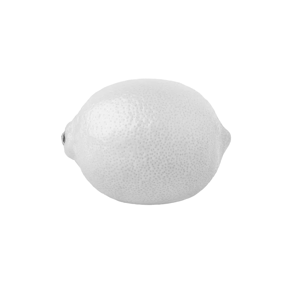 Black and white image of a whole lemon with a textured peel, representing a natural citrus skincare ingredient.